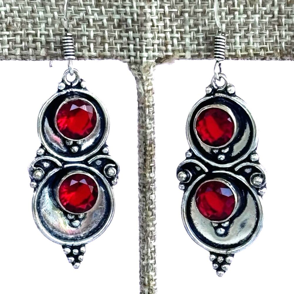 925 Sterling Round Faceted Garnet Dangle Earrings
